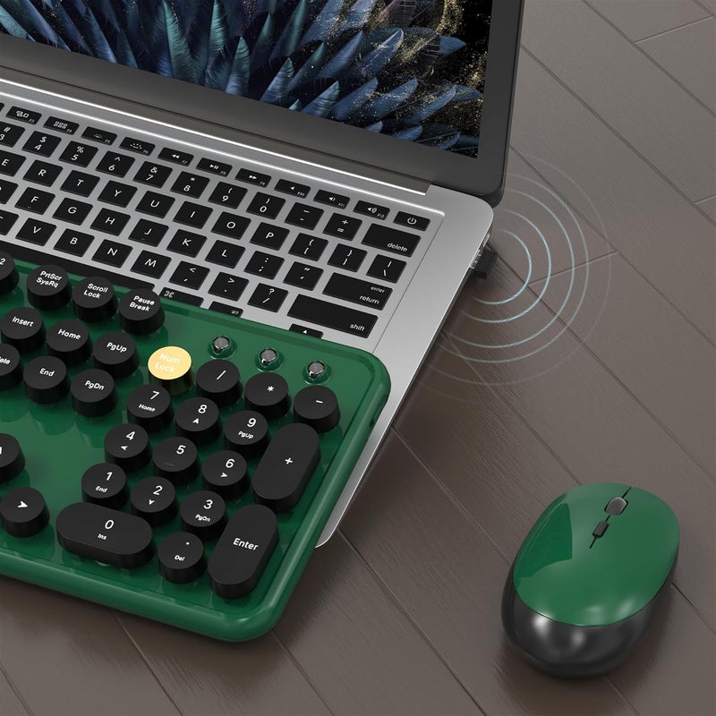 MPTOG Colorful Wireless Computer Keyboard and Mouse Combo with Round Typewriter Keycaps, Retro Design, Power Switch, Ergonomic Design, 2.4GHz Wireless for Windows, Mac, PC(Dark Green) - Image 4